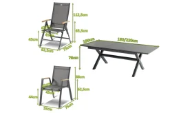 Hot Xanadu / Aruba Garten-Essgruppe, xerix/natur, Alu/Teak/Glaskeramik, 6 Dining Sessel, 2 Klappstühle, 160/220x100cm, Teak Armlehnen Aluminium-Gartenmöbel