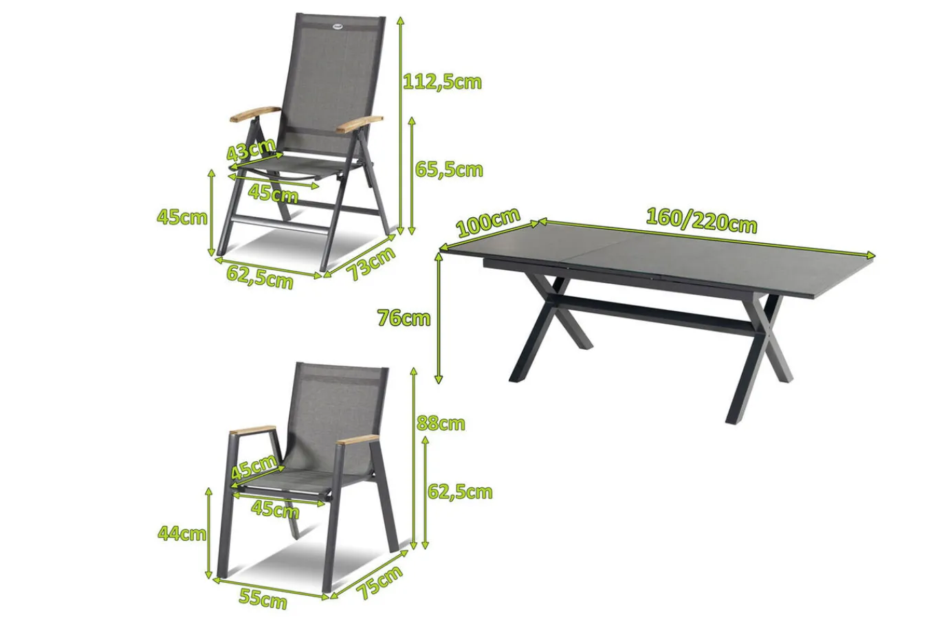 Hot Xanadu / Aruba Garten-Essgruppe, xerix/natur, Alu/Teak/Glaskeramik, 6 Dining Sessel, 2 Klappstühle, 160/220x100cm, Teak Armlehnen Aluminium-Gartenmöbel