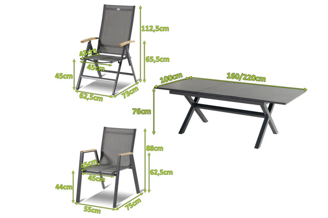 Hot Xanadu / Aruba Garten-Essgruppe, xerix/natur, Alu/Teak/Glaskeramik, 6 Dining Sessel, 2 Klappstühle, 160/220x100cm, Teak Armlehnen Aluminium-Gartenmöbel