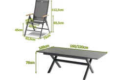 New Xanadu / Aruba Garten-Essgruppe, xerix/natur, Alu/Teak/Glaskeramik, 4 Klappstühle, 160/220x100cm, Teak Armlehnen Garten-Essgruppen|Aluminium-Gartenmöbel