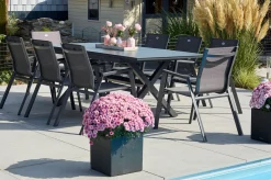 Outlet Xanadu / Aruba Garten-Essgruppe, xerix, Alu/Textilene/Glaskeramik, 8 Stapelsessel, 160/220x100cm Garten-Essgruppen|Aluminium-Gartenmöbel