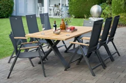 Best Xanadu / Aruba Garten-Essgruppe, xerix/anthrazit, Alu/Teakholz, 2 Stapelsessel, 6 Klappstühle, Teakarmlehnen, 220x100cm Garten-Essgruppen