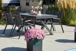 Outlet Xanadu / Aruba Garten-Essgruppe, xerix/natur, Alu/Teak/Glaskeramik, 4 Dining Sessel, 160/220x100cm, Teak Armlehnen Garten-Essgruppen|Aluminium-Gartenmöbel