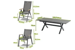 Clearance Xanadu / Aruba Garten-Essgruppe, xerix/natur, Alu/Teak/Glaskeramik, 2 Dining Sessel, 6 Klappstühle, 160/220x100cm, Teak Armlehnen Garten-Essgruppen|Aluminium-Gartenmöbel