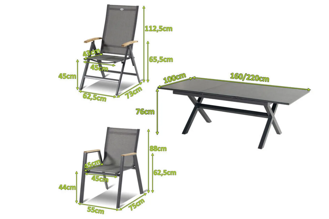 Clearance Xanadu / Aruba Garten-Essgruppe, xerix/natur, Alu/Teak/Glaskeramik, 2 Dining Sessel, 6 Klappstühle, 160/220x100cm, Teak Armlehnen Garten-Essgruppen|Aluminium-Gartenmöbel