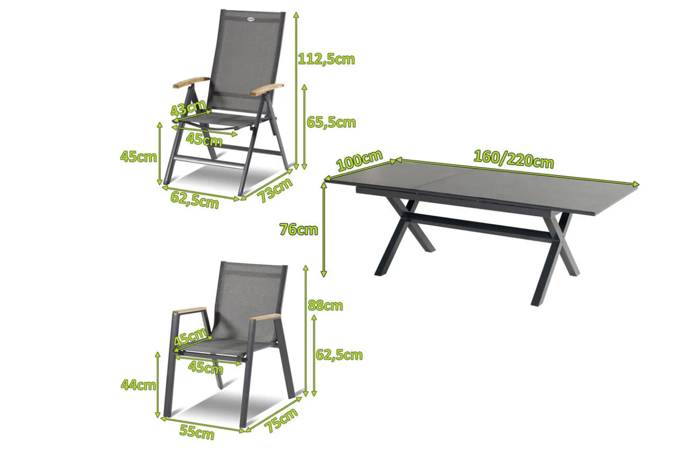 Clearance Xanadu / Aruba Garten-Essgruppe, xerix/natur, Alu/Teak/Glaskeramik, 2 Dining Sessel, 6 Klappstühle, 160/220x100cm, Teak Armlehnen Garten-Essgruppen|Aluminium-Gartenmöbel