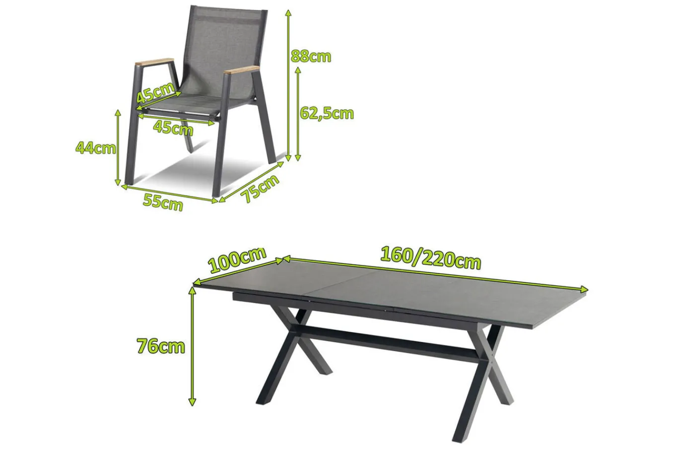 Sale Xanadu / Aruba Garten-Essgruppe, xerix/natur, Alu/Teak/Glaskeramik, 8 Dining Sessel, 160/220x100cm, Teak Armlehnen Garten-Essgruppen|Aluminium-Gartenmöbel