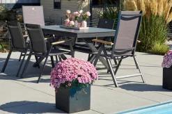 Sale Xanadu / Aruba Garten-Essgruppe, xerix/natur, Alu/Teak/Glaskeramik, 4 Dining Sessel, 2 Klappstühle, 160/220x100cm, Teak Armlehnen Garten-Essgruppen|Aluminium-Gartenmöbel