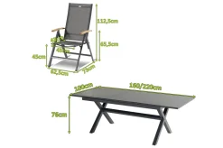 Outlet Xanadu / Aruba Garten-Essgruppe, xerix/natur, Alu/Teak/Glaskeramik, 6 Klappstühle, 160/220x100cm, Teak Armlehnen Garten-Essgruppen|Aluminium-Gartenmöbel