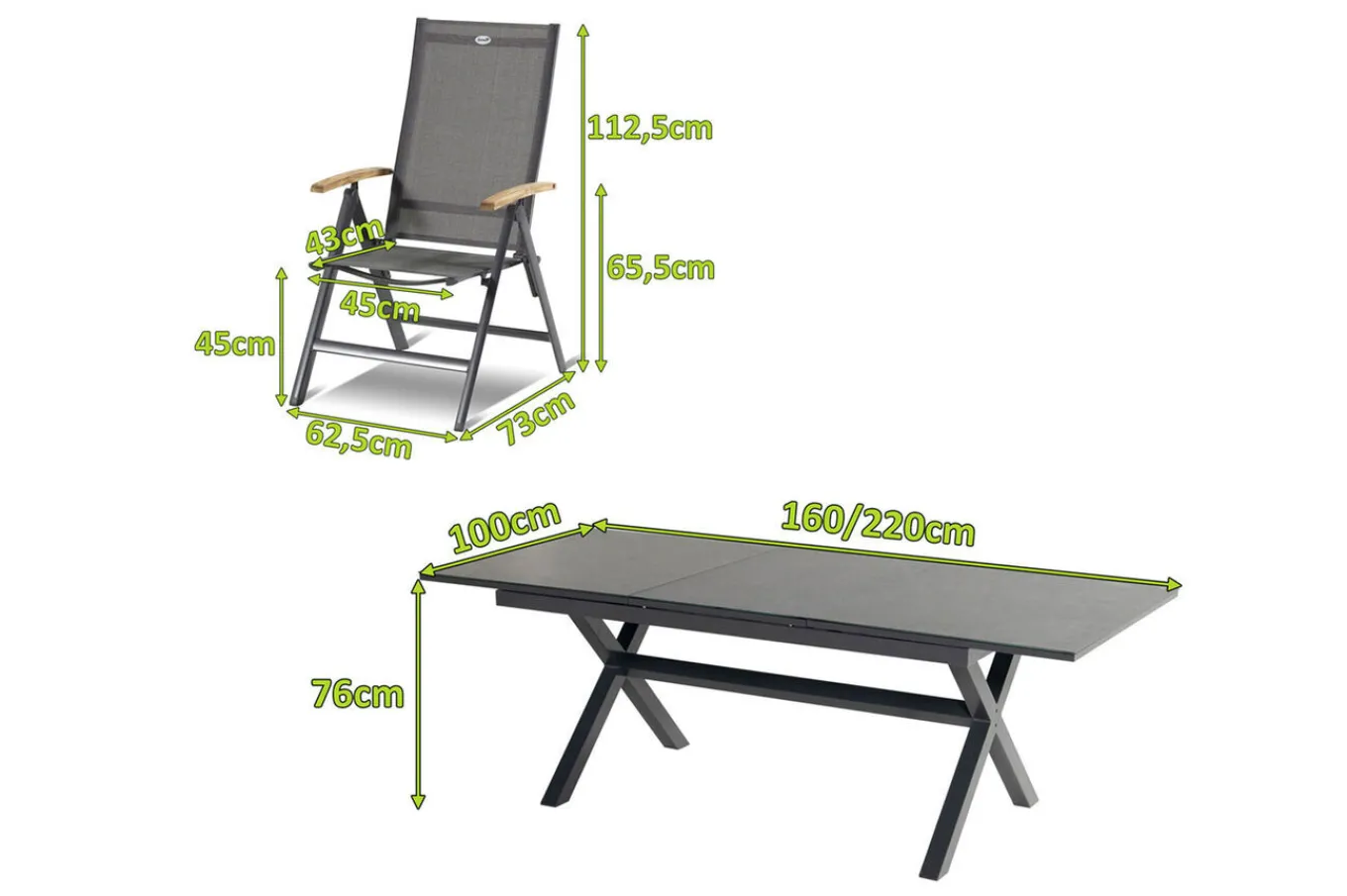 Outlet Xanadu / Aruba Garten-Essgruppe, xerix/natur, Alu/Teak/Glaskeramik, 6 Klappstühle, 160/220x100cm, Teak Armlehnen Garten-Essgruppen|Aluminium-Gartenmöbel
