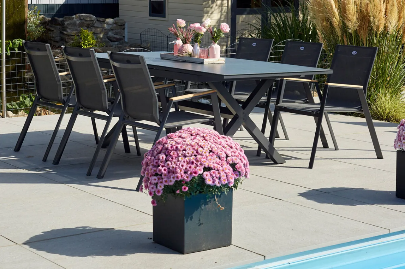 Outlet Xanadu / Aruba Garten-Essgruppe, xerix/natur, Alu/Teak/Glaskeramik, 6 Klappstühle, 160/220x100cm, Teak Armlehnen Garten-Essgruppen|Aluminium-Gartenmöbel
