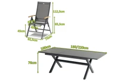 Outlet Xanadu / Aruba Garten-Essgruppe, xerix/natur, Alu/Teak/Glaskeramik, 6 Klappstühle, 160/220x100cm, Teak Armlehnen Garten-Essgruppen|Aluminium-Gartenmöbel
