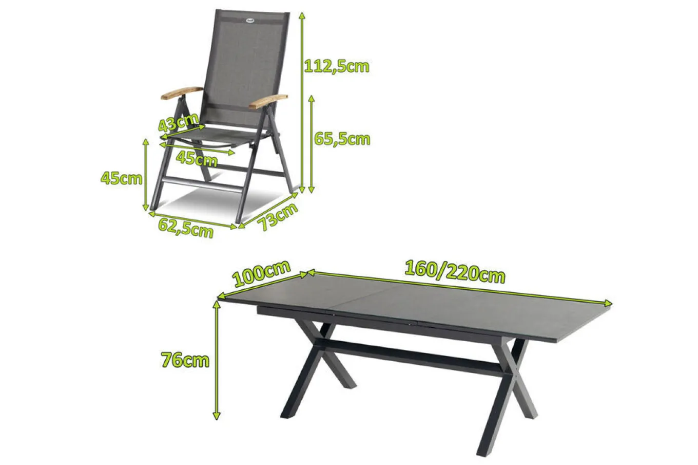 Outlet Xanadu / Aruba Garten-Essgruppe, xerix/natur, Alu/Teak/Glaskeramik, 6 Klappstühle, 160/220x100cm, Teak Armlehnen Garten-Essgruppen|Aluminium-Gartenmöbel