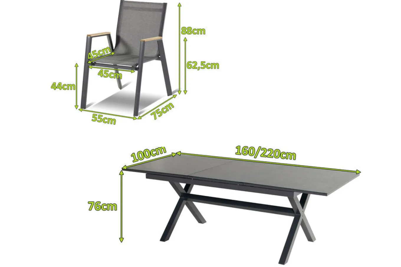 Sale Xanadu / Aruba Garten-Essgruppe, xerix/natur, Alu/Teak/Glaskeramik, 6 Dining Sessel, 160/220x100cm, Teak Armlehnen Garten-Essgruppen