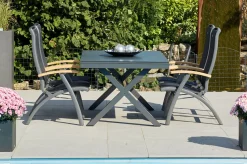 New Xanadu / da Vinci Garten-Essgruppe, xerix/natur, Alu/Teak/Glaskeramik, 4 Klappstühle, 160/220x100cm, Teak Armlehnen Garten-Essgruppen|Aluminium-Gartenmöbel