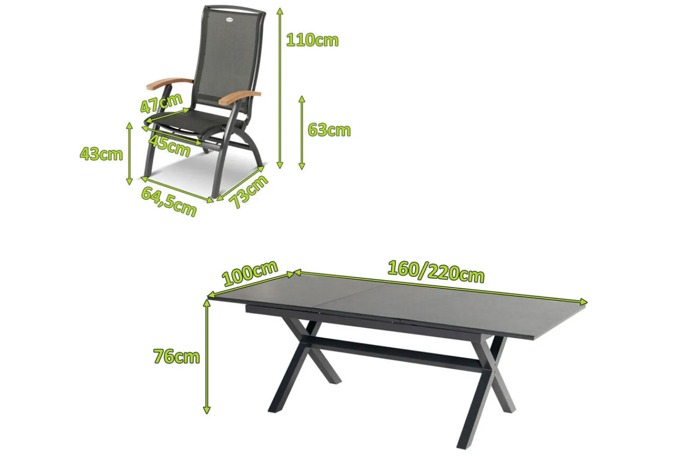 New Xanadu / da Vinci Garten-Essgruppe, xerix/natur, Alu/Teak/Glaskeramik, 4 Klappstühle, 160/220x100cm, Teak Armlehnen Garten-Essgruppen|Aluminium-Gartenmöbel