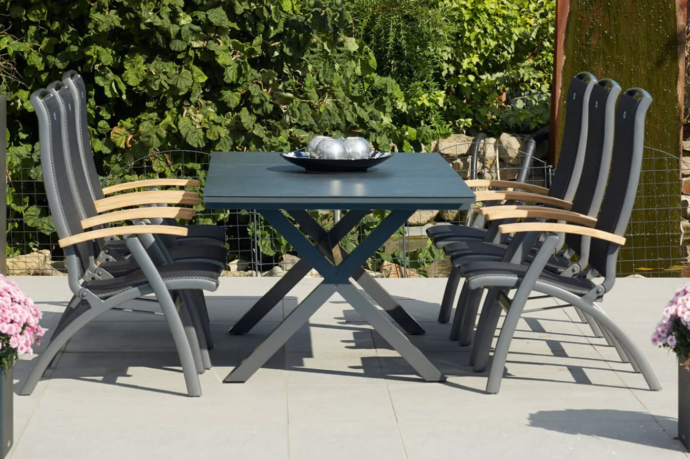Clearance Xanadu / Da Vinci Garten-Essgruppe, xerix/natur, Alu/Teakholz/Glaskeramik, 220 x 100 cm, 6 Klappstühle Garten-Essgruppen|Aluminium-Gartenmöbel
