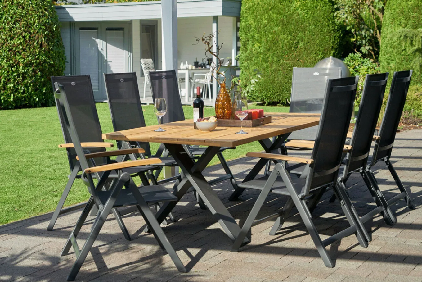 Discount Xanadu Esstisch, xerix, Alu / Teakholz, 220 x 100 cm, X-Gestell Gartentische