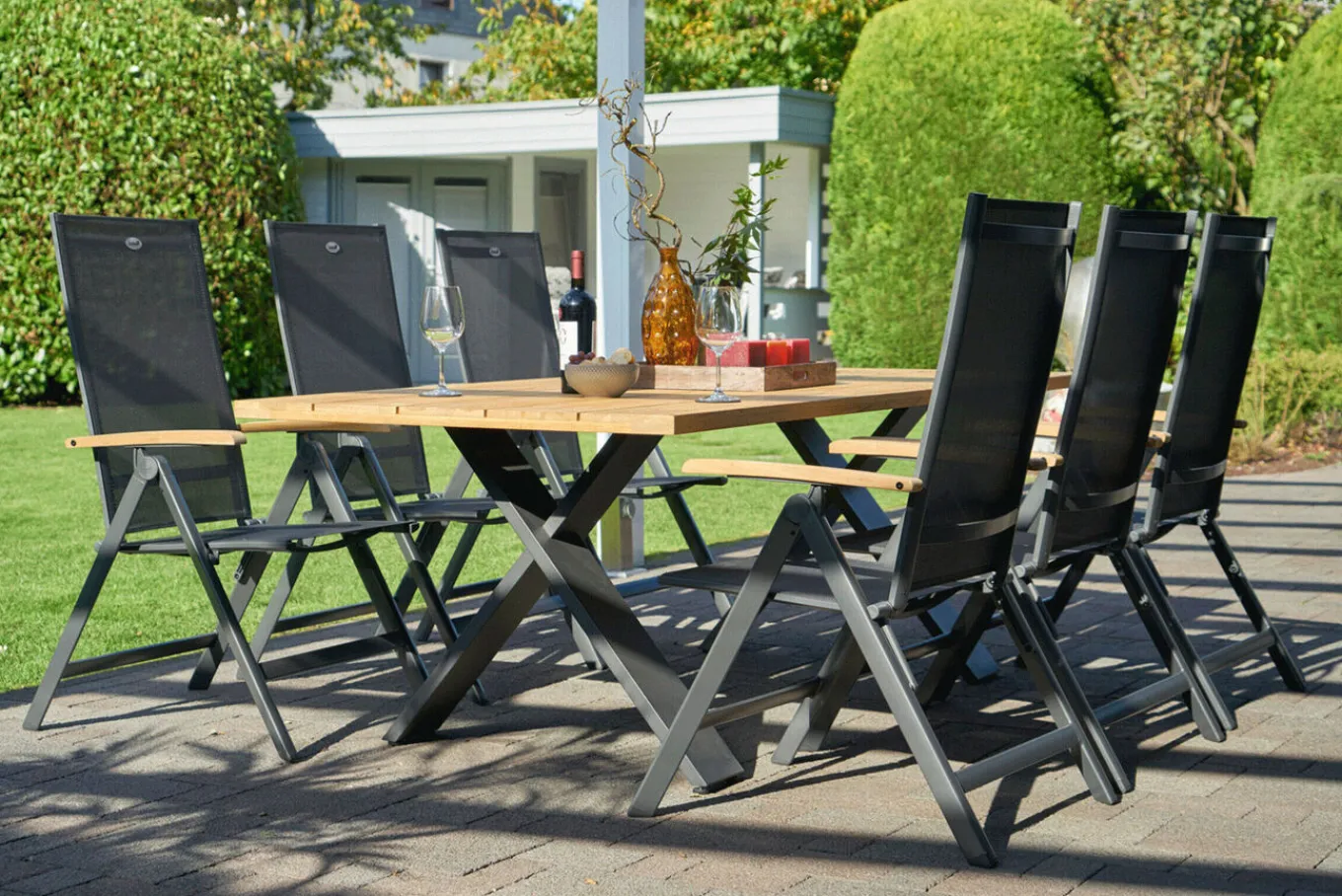 Discount Xanadu Esstisch, xerix, Alu / Teakholz, 220 x 100 cm, X-Gestell Gartentische