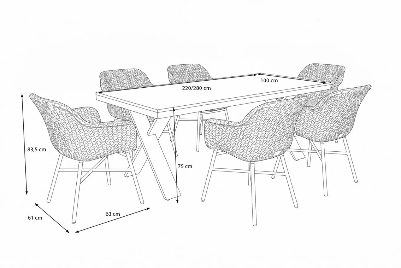 New Xanadu Garten-Essgruppe, schwarz/weiß/grau, Aluminium/Kunststoff/Glaskeramik, 220/280 x 100 cm Tisch, ausziehbar, robust, korrosionsbeständig, UV-beständig, mit Fußkappen, pulverbeschichtet Aluminium-Gartenmöbel