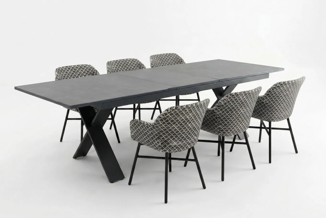New Xanadu Garten-Essgruppe, schwarz/weiß/grau, Aluminium/Kunststoff/Glaskeramik, 220/280 x 100 cm Tisch, ausziehbar, robust, korrosionsbeständig, UV-beständig, mit Fußkappen, pulverbeschichtet Aluminium-Gartenmöbel
