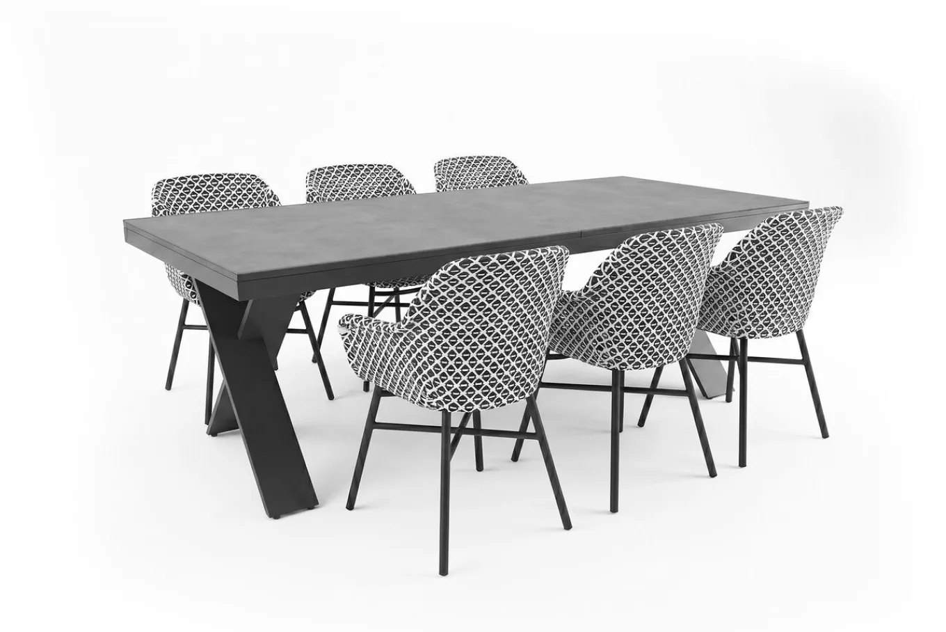 New Xanadu Garten-Essgruppe, schwarz/weiß/grau, Aluminium/Kunststoff/Glaskeramik, 220/280 x 100 cm Tisch, ausziehbar, robust, korrosionsbeständig, UV-beständig, mit Fußkappen, pulverbeschichtet Aluminium-Gartenmöbel