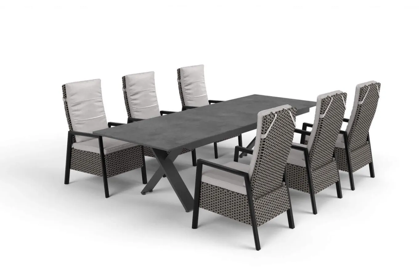 Outlet Xanadu Garten-Essgruppe, anthrazit/grau, Alu/Polyrattan, Tischplatte ausziehbar 220/280 x 100 cm, pulverbeschichtet, inkl. 6 Sessel Garten-Essgruppen