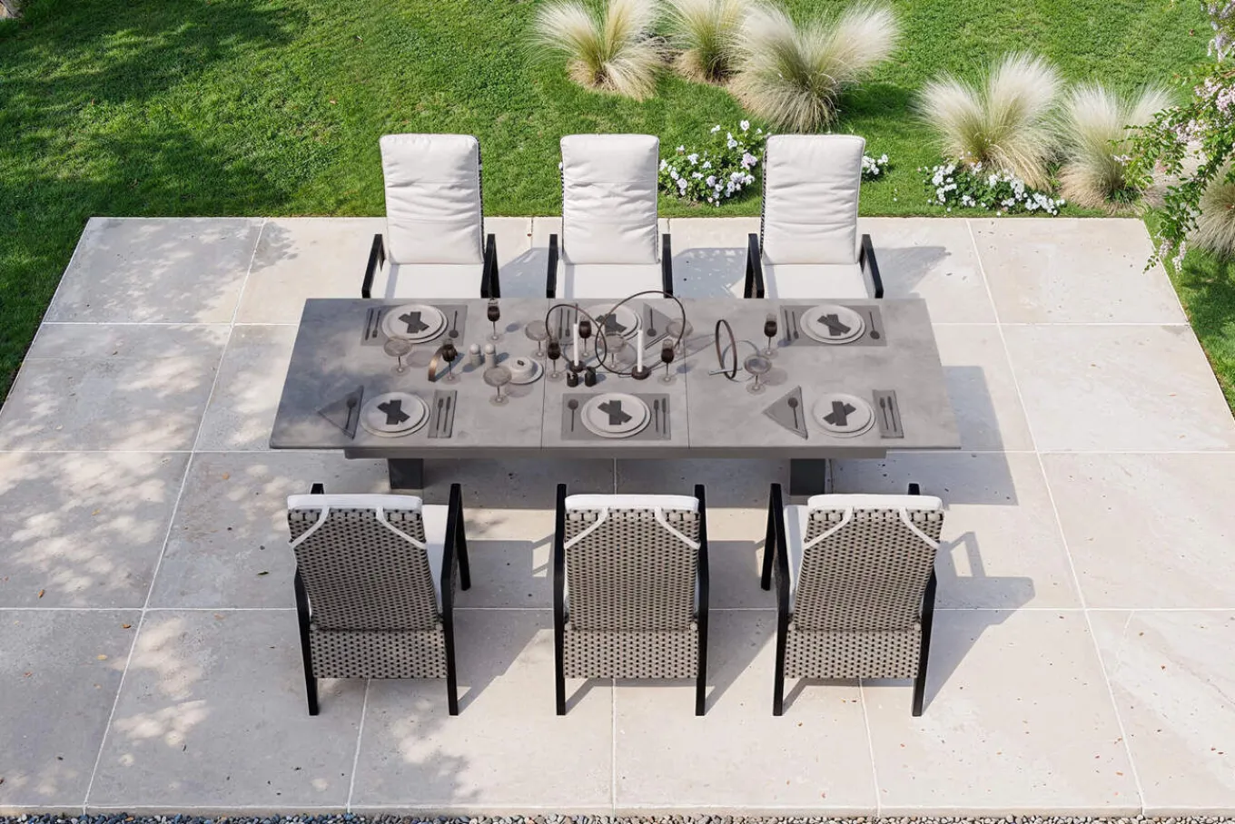 Outlet Xanadu Garten-Essgruppe, anthrazit/grau, Alu/Polyrattan, Tischplatte ausziehbar 220/280 x 100 cm, pulverbeschichtet, inkl. 6 Sessel Garten-Essgruppen