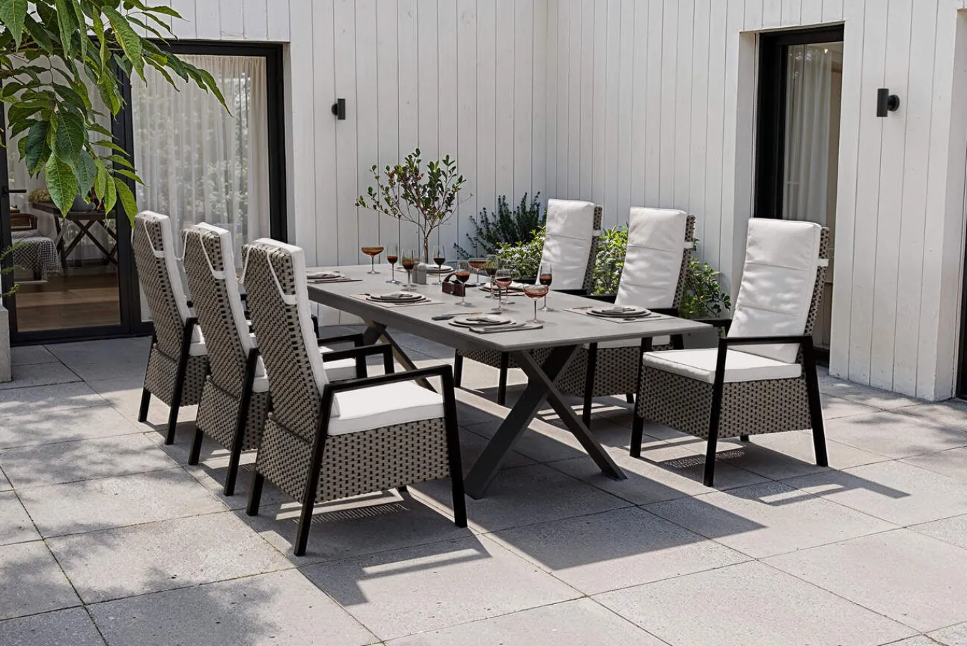 Outlet Xanadu Garten-Essgruppe, anthrazit/grau, Alu/Polyrattan, Tischplatte ausziehbar 220/280 x 100 cm, pulverbeschichtet, inkl. 6 Sessel Garten-Essgruppen
