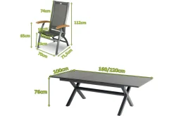 Clearance Xanadu / Primo Garten-Essgruppe, xerix, Alu/Textilene/Glaskeramik, 6 Klappstühle, 160/220x100cm, Ausziehfunktion Garten-Essgruppen|Aluminium-Gartenmöbel