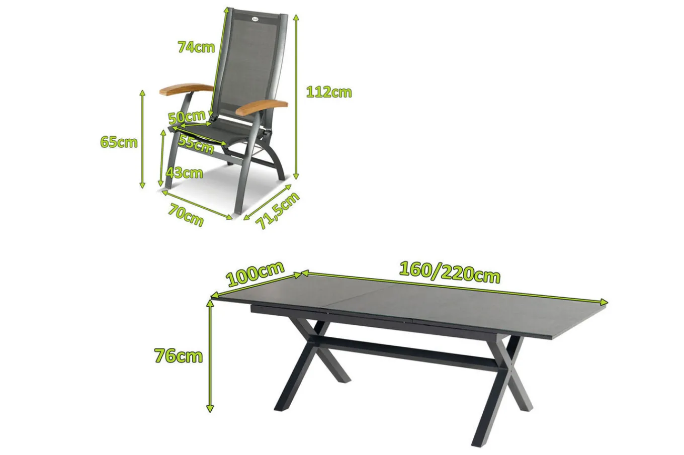 Clearance Xanadu / Primo Garten-Essgruppe, xerix, Alu/Textilene/Glaskeramik, 4 Klappstühle, 160/220x100cm, Ausziehfunktion Garten-Essgruppen|Aluminium-Gartenmöbel