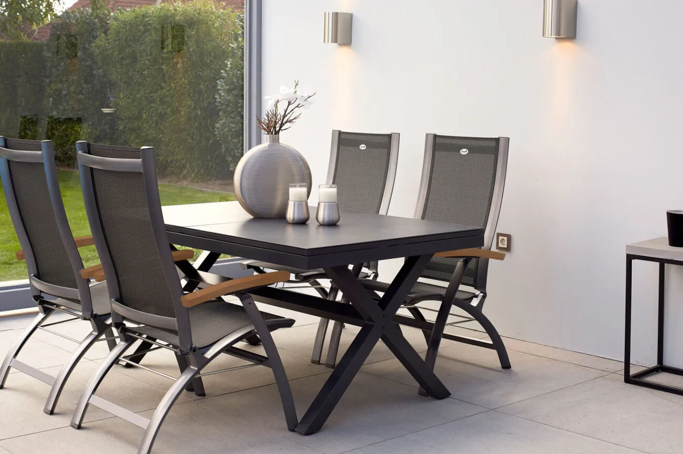 Clearance Xanadu / Primo Garten-Essgruppe, xerix, Alu/Textilene/Glaskeramik, 4 Klappstühle, 160/220x100cm, Ausziehfunktion Garten-Essgruppen|Aluminium-Gartenmöbel