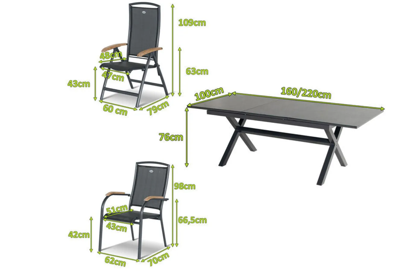 Online Xanadu / Raffaelo Garten-Essgruppe, xerix/natur, Alu/Teak/Glaskeramik, 4 Dining Sessel, 2 Klappstühle, 160/220x100cm, Teak Armlehnen Aluminium-Gartenmöbel