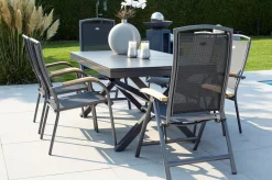 Online Xanadu / Raffaelo Garten-Essgruppe, xerix/natur, Alu/Teak/Glaskeramik, 4 Dining Sessel, 2 Klappstühle, 160/220x100cm, Teak Armlehnen Aluminium-Gartenmöbel