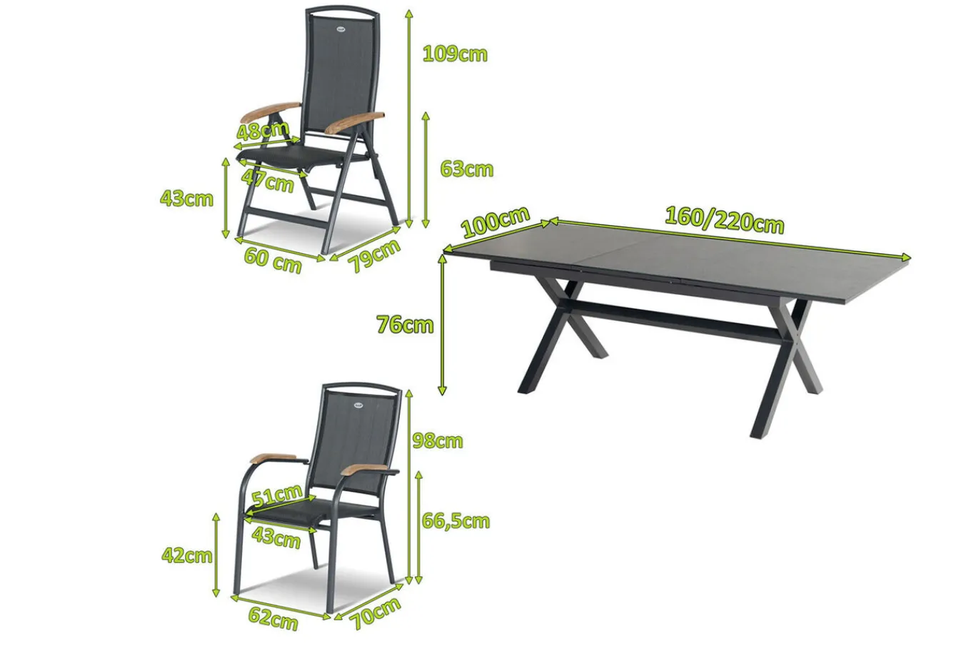 Online Xanadu / Raffaelo Garten-Essgruppe, xerix/natur, Alu/Teak/Glaskeramik, 4 Dining Sessel, 2 Klappstühle, 160/220x100cm, Teak Armlehnen Aluminium-Gartenmöbel