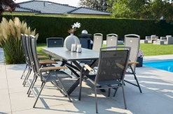 Xanadu / Raffaelo Garten-Essgruppe, xerix/natur, Alu/Teak/Glaskeramik, 2 Dining Sessel, 6 Klappstühle, 160/220x100cm, Teak Armlehnen Aluminium-Gartenmöbel