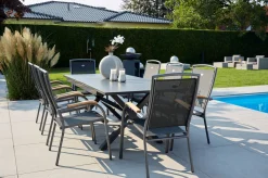 Outlet Xanadu / Raffaelo Garten-Essgruppe, xerix/natur, Alu/Teak/Glaskeramik, 8 Dining Sessel, 160/220x100cm, Teak Armlehnen Teak-Gartenmöbel