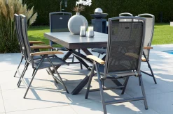 Outlet Xanadu / Raffaelo Garten-Essgruppe, xerix/natur, Alu/Teak/Glaskeramik, 6 Klappstühle, 160/220x100cm, Teak Armlehnen Garten-Essgruppen|Aluminium-Gartenmöbel
