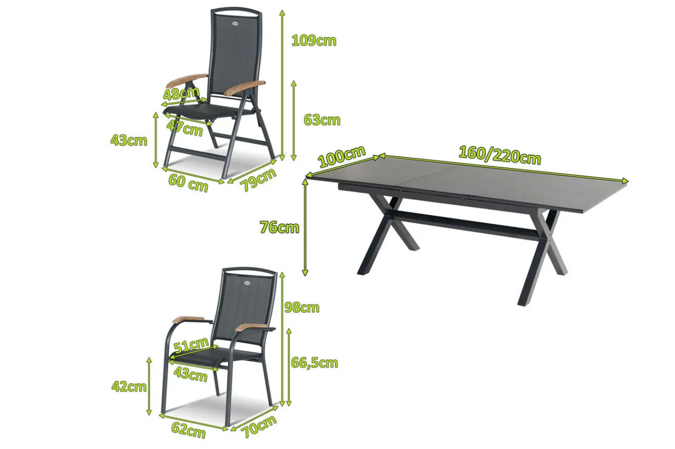 Xanadu / Raffaelo Garten-Essgruppe, xerix/natur, Alu/Teak/Glaskeramik, 6 Dining Sessel, 2 Klappstühle, 160/220x100cm, Teak Armlehnen Garten-Essgruppen|Aluminium-Gartenmöbel