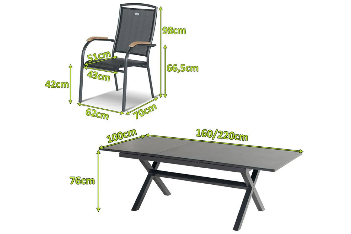 New Xanadu / Raffaelo Garten-Essgruppe, xerix/natur, Alu/Teak/Glaskeramik, 4 Dining Sessel, 160/220x100cm, Teak Armlehnen Garten-Essgruppen|Aluminium-Gartenmöbel