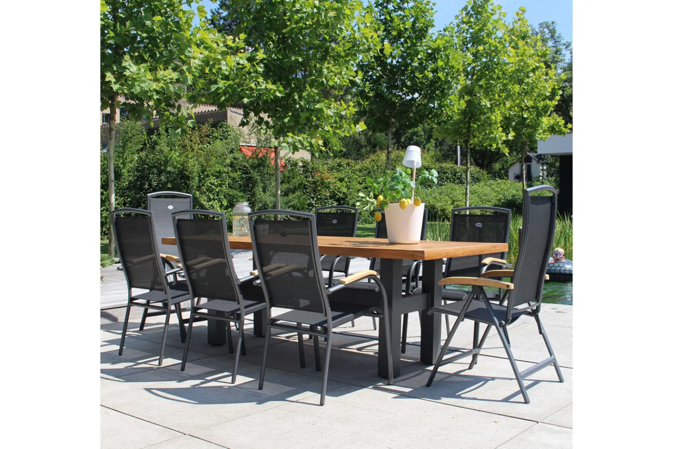 Clearance Yasmani/Raffaelo Garten-Essgruppe, xerix, Alu/Teakholz, 240x100cm, 6 Stapel-, 2 Klappstühle Garten-Essgruppen|Aluminium-Gartenmöbel