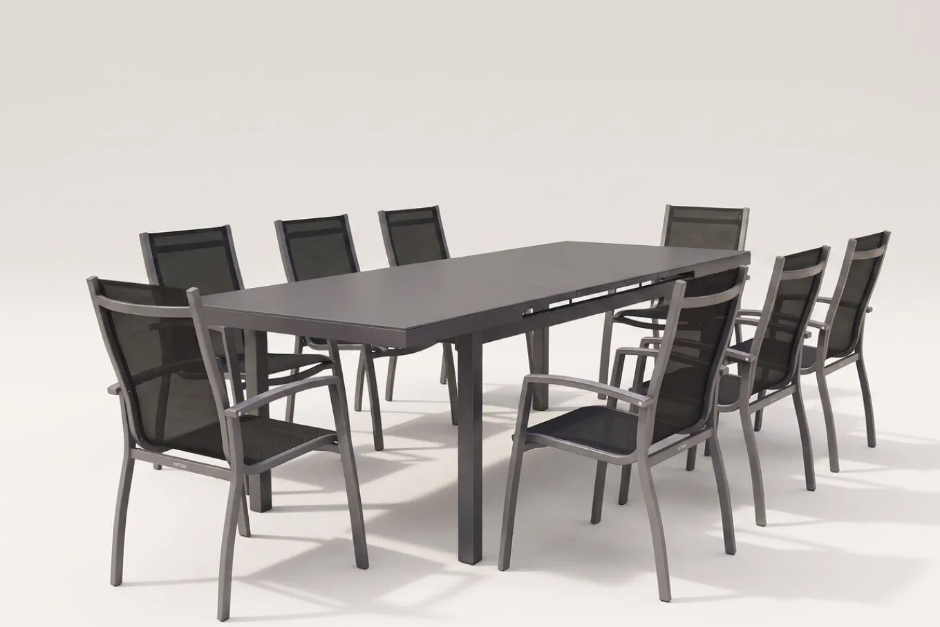 New Altura Garten-Essgruppe, anthrazit, Alu/Textilene, Tisch 180/240x100cm, 8 Stapelsessel Garten-Essgruppen