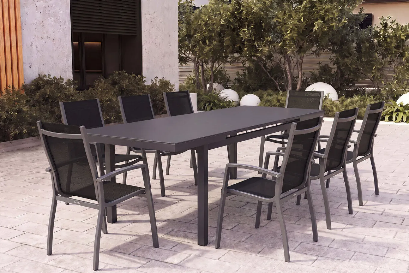 New Altura Garten-Essgruppe, anthrazit, Alu/Textilene, Tisch 180/240x100cm, 8 Stapelsessel Garten-Essgruppen