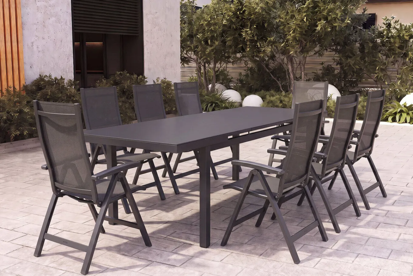 Clearance Altura Garten-Essgruppe, anthrazit, Alu/Textilene, Tisch 180/240x100cm, 8 Klappstühle Garten-Essgruppen