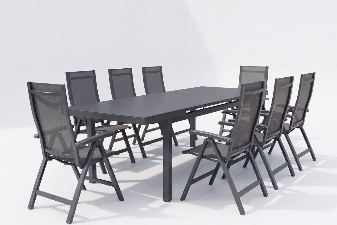 Clearance Altura Garten-Essgruppe, anthrazit, Alu/Textilene, Tisch 180/240x100cm, 8 Klappstühle Garten-Essgruppen