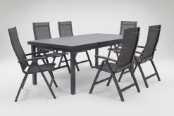 Hot Altura Garten-Essgruppe, anthrazit, Alu/Textilene, Tisch 180/240x100cm, 6 Klappstühle Garten-Essgruppen