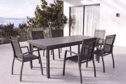 Discount Altura Garten-Essgruppe, anthrazit, Alu/Textilene, Tisch 180/240x100cm, 6 Stapelsessel Garten-Essgruppen|Aluminium-Gartenmöbel