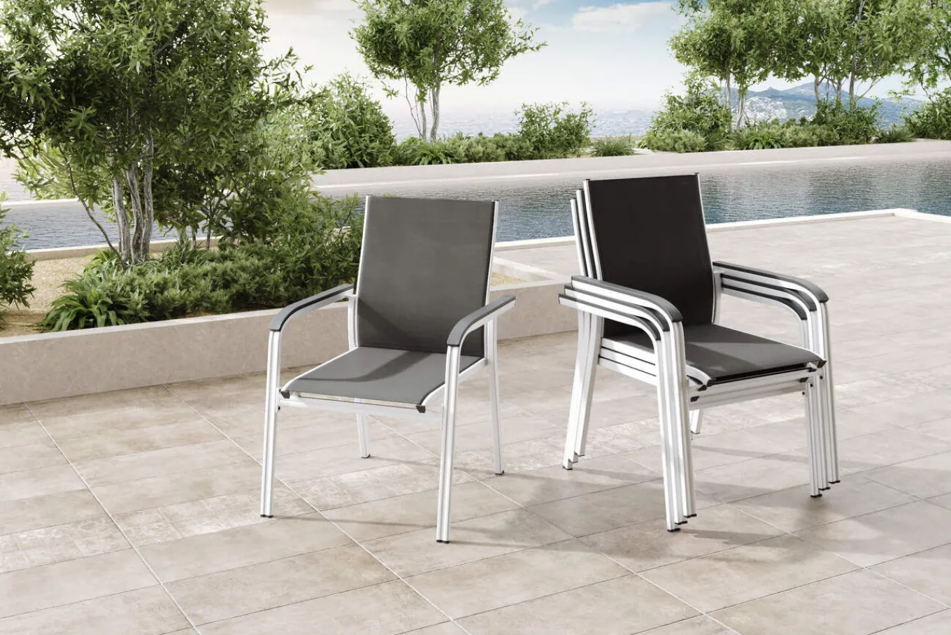 BasicPlus 4er-Set Stapelsessel, silber/anthrazit, 0301205-0000 Aluminium-Gartenmöbel|Gartenstühle & Gartensessel
