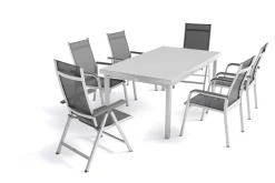 Online BasicPlus Garten-Essgruppe, silber, Alu/Textilene, Tisch 180/240x100cm, 4 Stapel-, 2 Klappstühle Garten-Essgruppen|Aluminium-Gartenmöbel