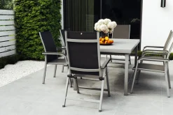 Online BasicPlus Garten-Essgruppe, silber, Alu/Textilene, Tisch 180/240x100cm, 4 Stapel-, 2 Klappstühle Garten-Essgruppen|Aluminium-Gartenmöbel